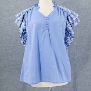 Mira Eyelet Floral Periwinkle Flutter Ruffle Popover Top XL Blue Cottage